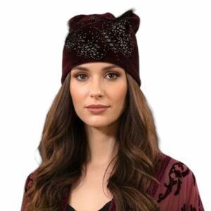 Burgundy Red Sparkly Beaded Fitted Winter Velvet Beanie - NEW